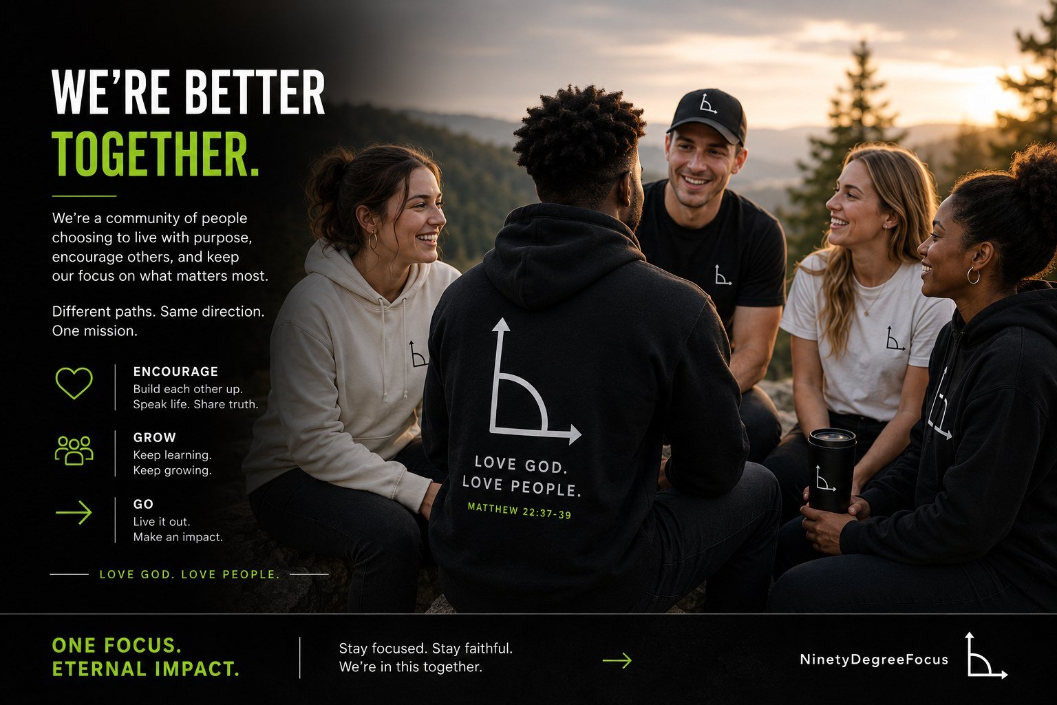 A diverse community wearing NinetyDegreeFocus apparel and encouraging one another outdoors.