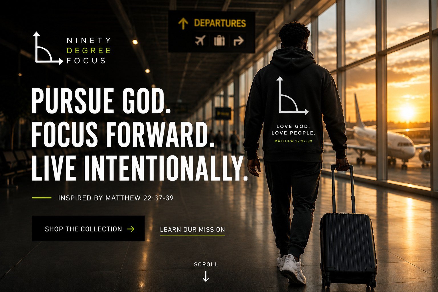 A traveler in a NinetyDegreeFocus hoodie walking through an airport at sunset.