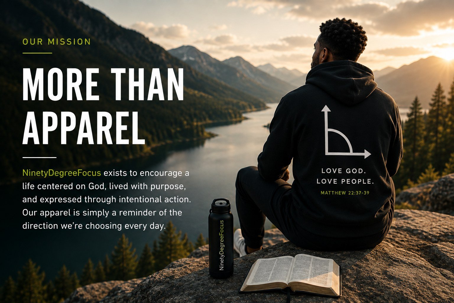 A man wearing NinetyDegreeFocus apparel overlooking a mountain lake with an open Bible nearby.