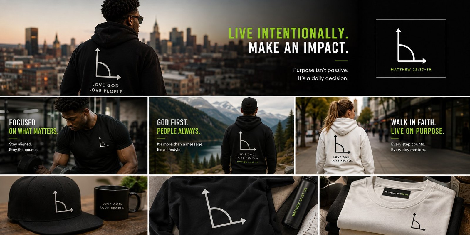 A collage of people and products featuring NinetyDegreeFocus apparel and accessories.